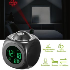 LCD Projection Alarm Clock Battery Powered with Voice Broadcast Function Snooze Temperature Display 12/24 Hour Time System (Color: Black)
